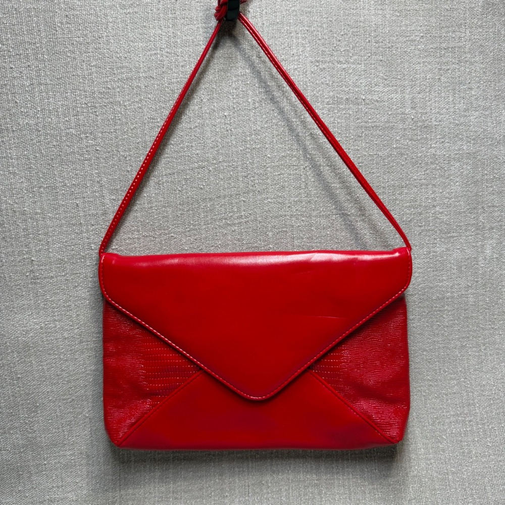 Vintage Red Faux Leather Envelope Clutch Shoulder Bag Y2K Retro Red Purse